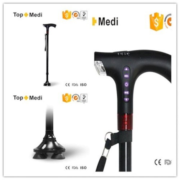 PrevNext LED Light Adjustable Safety Smart Walking Stick Cane Stable Base MP3 Radio Alarm Function