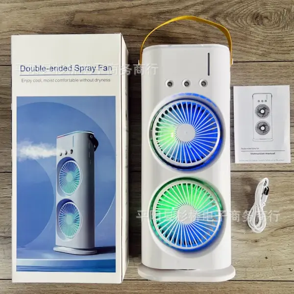3 in 1 Double Head Led Light Water Spray Portable Ice Mist Cooling Fan
